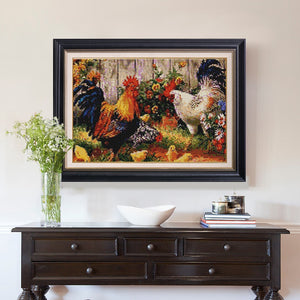 Cocks with Hen and Flowers Painting by Diamonds