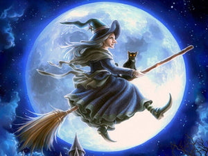 Halloween Witch & Cat on Broom Diamond Painting