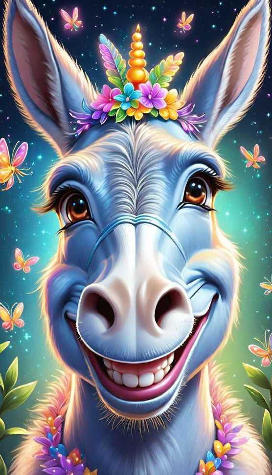 Laughing Donkey Adorned with Flowers