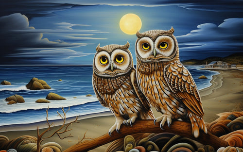 Owls in the Moonlight by the Sea 