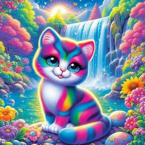 Rainbow Kitten with Flowers and Waterfall 