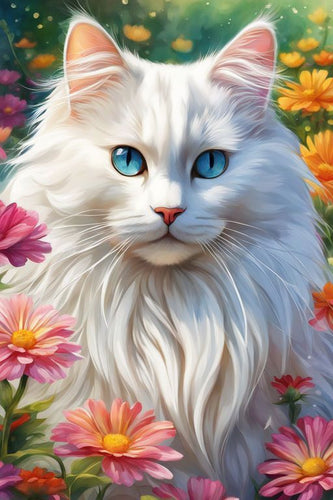 White Fluffy Cat Among Pink Flowers 