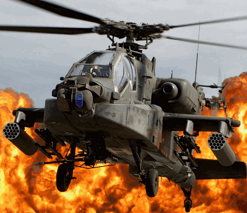 Army Chopper With Blazing Fire in the background