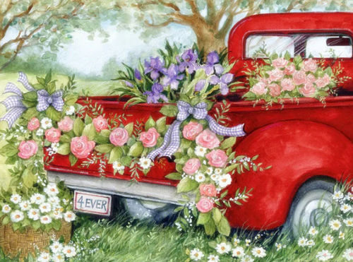 Beautiful Flowers on red Car - Diamond painting