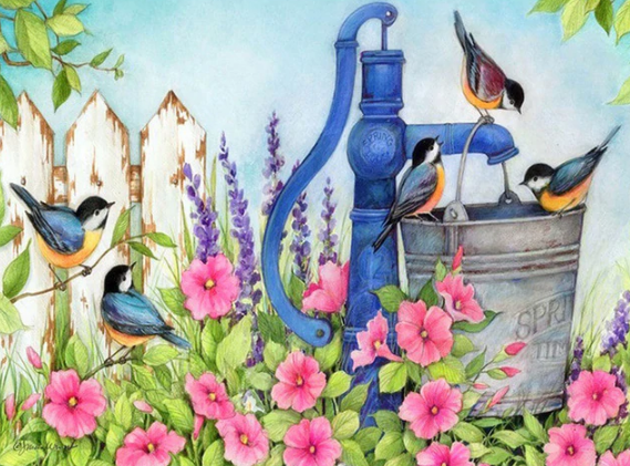 Birtds Drinking Water From Handpump - Paints by Diamonds