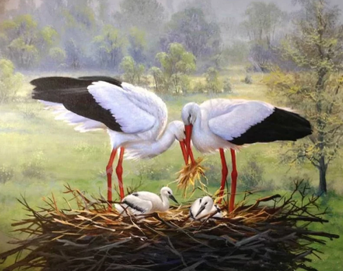 Herons Birds Couple with Family - 5D Diamond Art