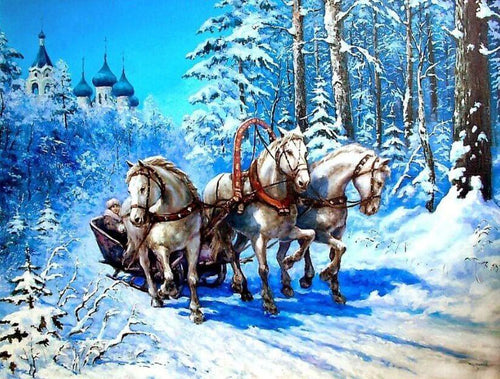 Three Horses Running in Snow
