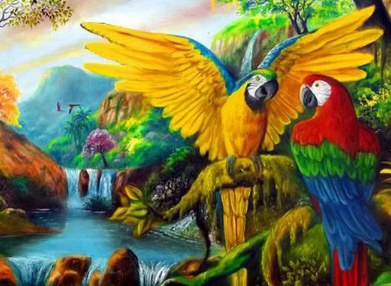Parrot Waterfall Mountain - Diamonds Painting