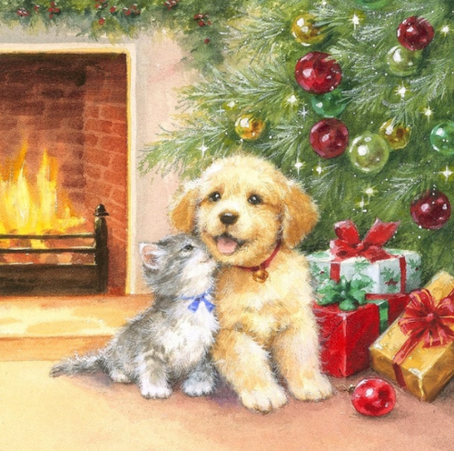 Puppy and Kitten Enjoying Christmas Paint By diamonds