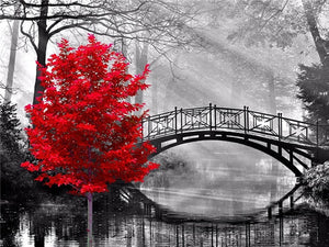 Red tree, Black and white Paint By Diamonds