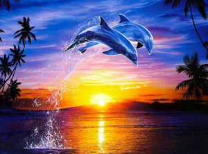 Scenic Sunset and Dolphins Jumping - Diamond Painting