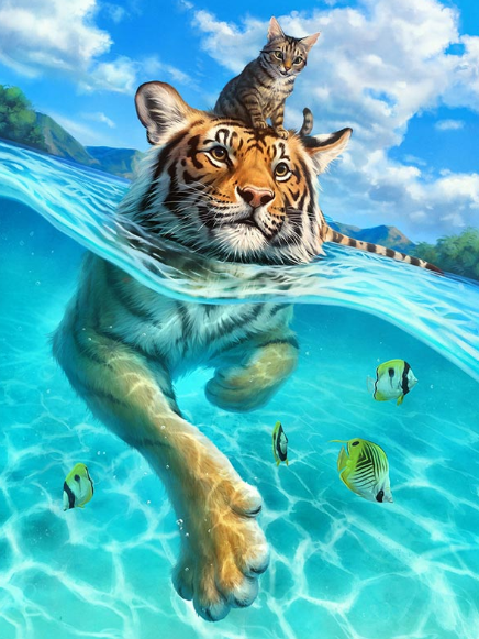 Cat Sitting on Tiger