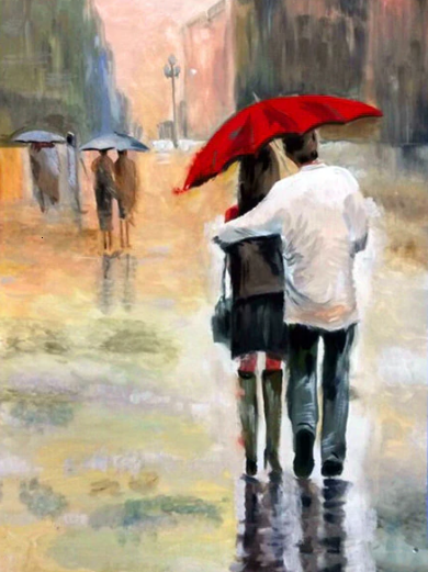 Walking Couple in Romantic Rain Paint by Diamond