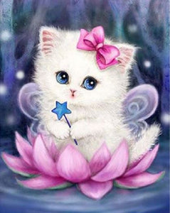 Beautiful White Fairy Kitten on Pink Flower Diamond Painting Art