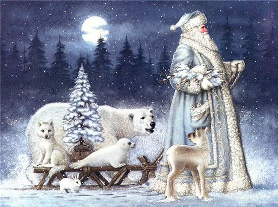 Santa & White Bear on Snow Paintings