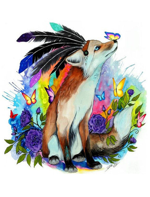 Big Fox with Colorful Flowers & Butterflies