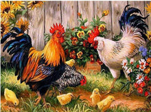 Load image into Gallery viewer, Cocks with Hen and Flowers Painting by Diamonds