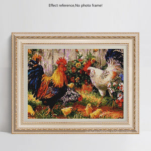 Cocks with Hen and Flowers Painting by Diamonds