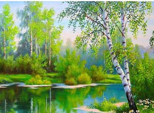 Beautiful Natural Green Lake Painting with Diamonds
