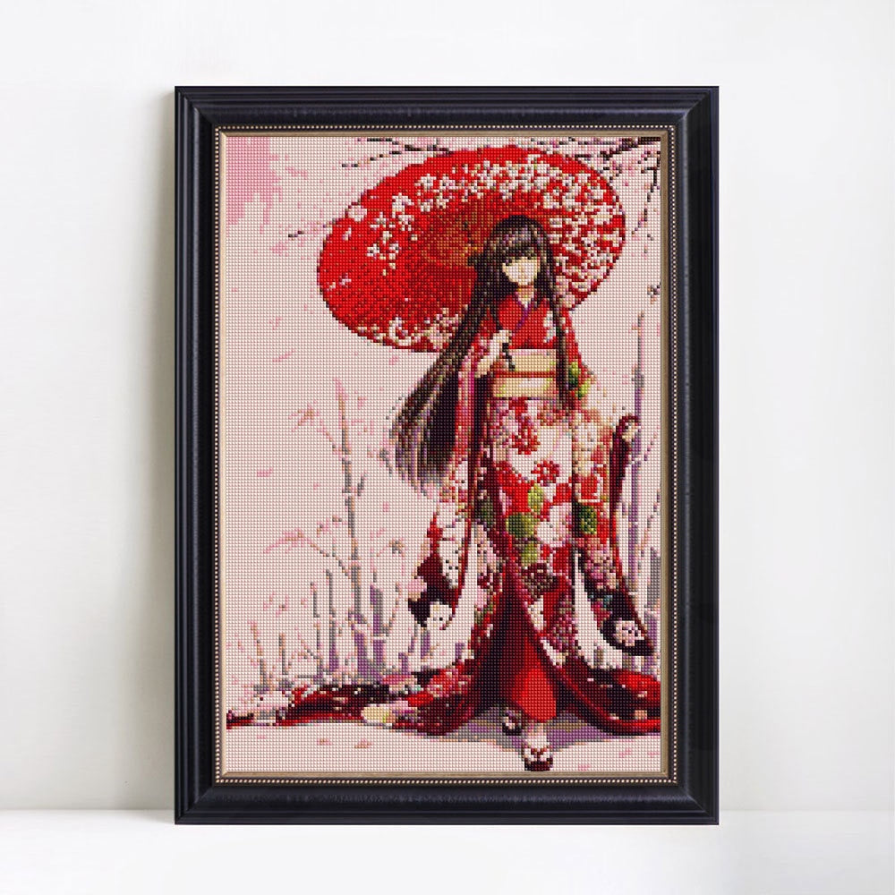 Beautiful Japanese Girl in Red Dress Diamond Painting