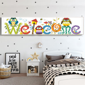 Colorful Welcome Sign with Cute Owls Painting with Diamonds