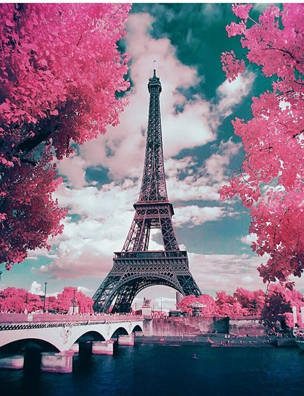 Eiffel Tower Covered in Pink Plants