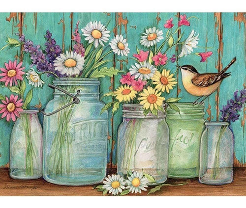Beautiful Flower Jars  & Sparrow Diamond Painting