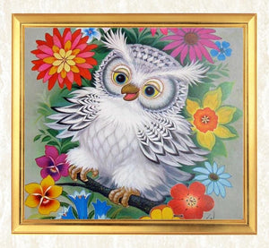 Happy Owl Sitting in Flowers