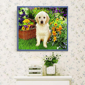 Cute Dog & Flowers Basket