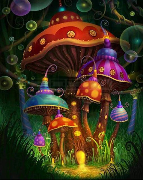 Mushrooms With Butterfly In Jungle Special Diamond Painting